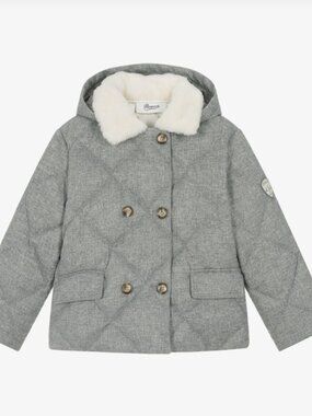 Bonpoint Kids Jacket Coat Puffer Gray Quilted White Fur Collar Double Breasted